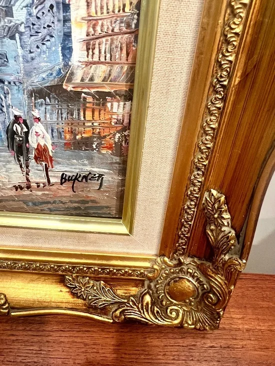 Vintage Oil Painting Parisian Street Gold Tone Ornate Frame 13" x 15" - Picture 5 of 14